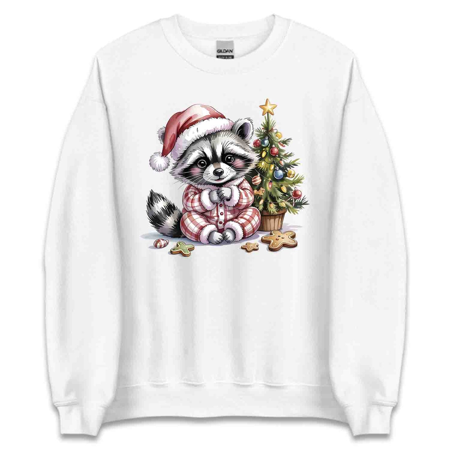 Raccoon Christmas T-Shirt, Cute Holiday Pajama Raccoon with Cookies Tee, Festive Winter Animal Lover Shirt | PRODUCT CODE: RNBCBSADX