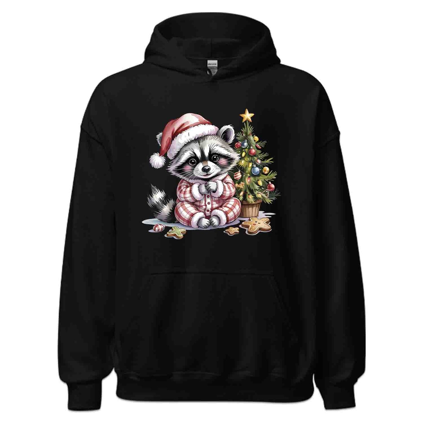 Raccoon Christmas T-Shirt, Cute Holiday Pajama Raccoon with Cookies Tee, Festive Winter Animal Lover Shirt | PRODUCT CODE: RNBCBSADX