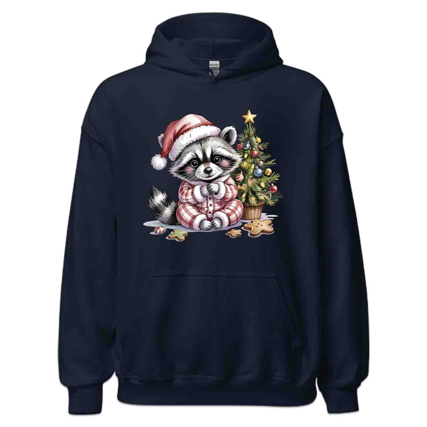 Raccoon Christmas T-Shirt, Cute Holiday Pajama Raccoon with Cookies Tee, Festive Winter Animal Lover Shirt | PRODUCT CODE: RNBCBSADX