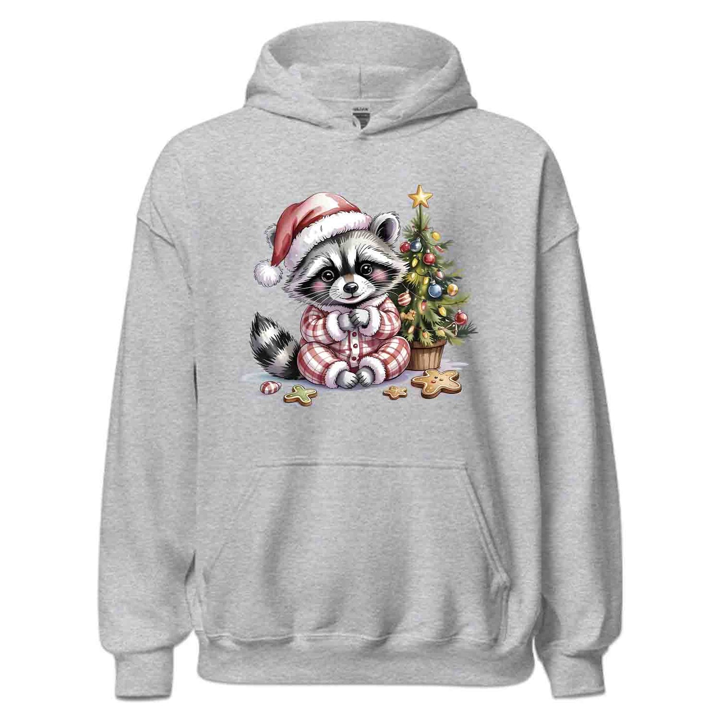 Raccoon Christmas T-Shirt, Cute Holiday Pajama Raccoon with Cookies Tee, Festive Winter Animal Lover Shirt | PRODUCT CODE: RNBCBSADX