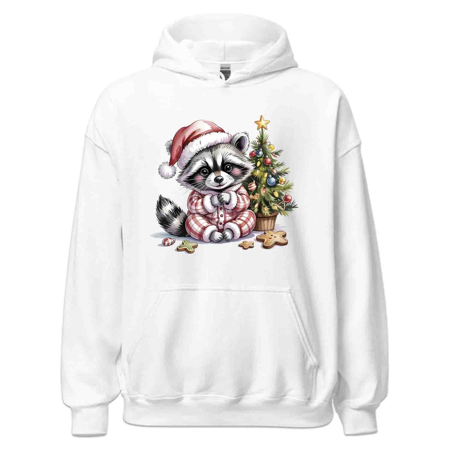 Raccoon Christmas T-Shirt, Cute Holiday Pajama Raccoon with Cookies Tee, Festive Winter Animal Lover Shirt | PRODUCT CODE: RNBCBSADX