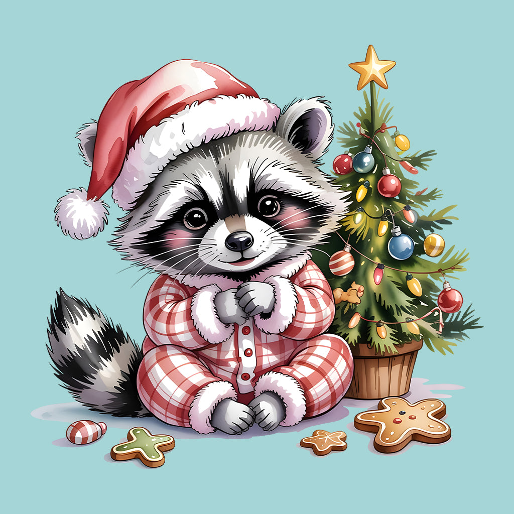 Raccoon Christmas T-Shirt, Cute Holiday Pajama Raccoon with Cookies Tee, Festive Winter Animal Lover Shirt | PRODUCT CODE: RNBCBSADX