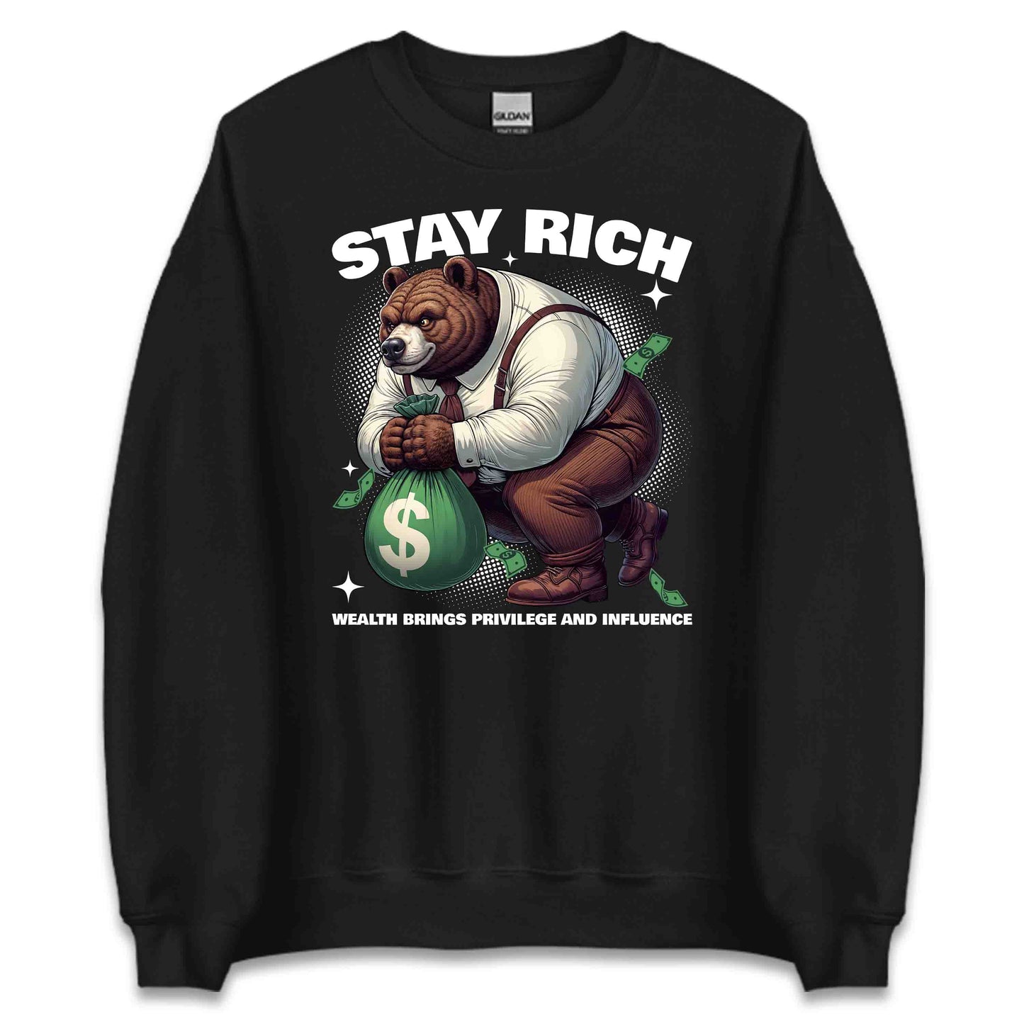 Retro Bear Holding Money Bag Motivational Stay Rich | PRODUCT CODE: RTOBRAEMNYGB