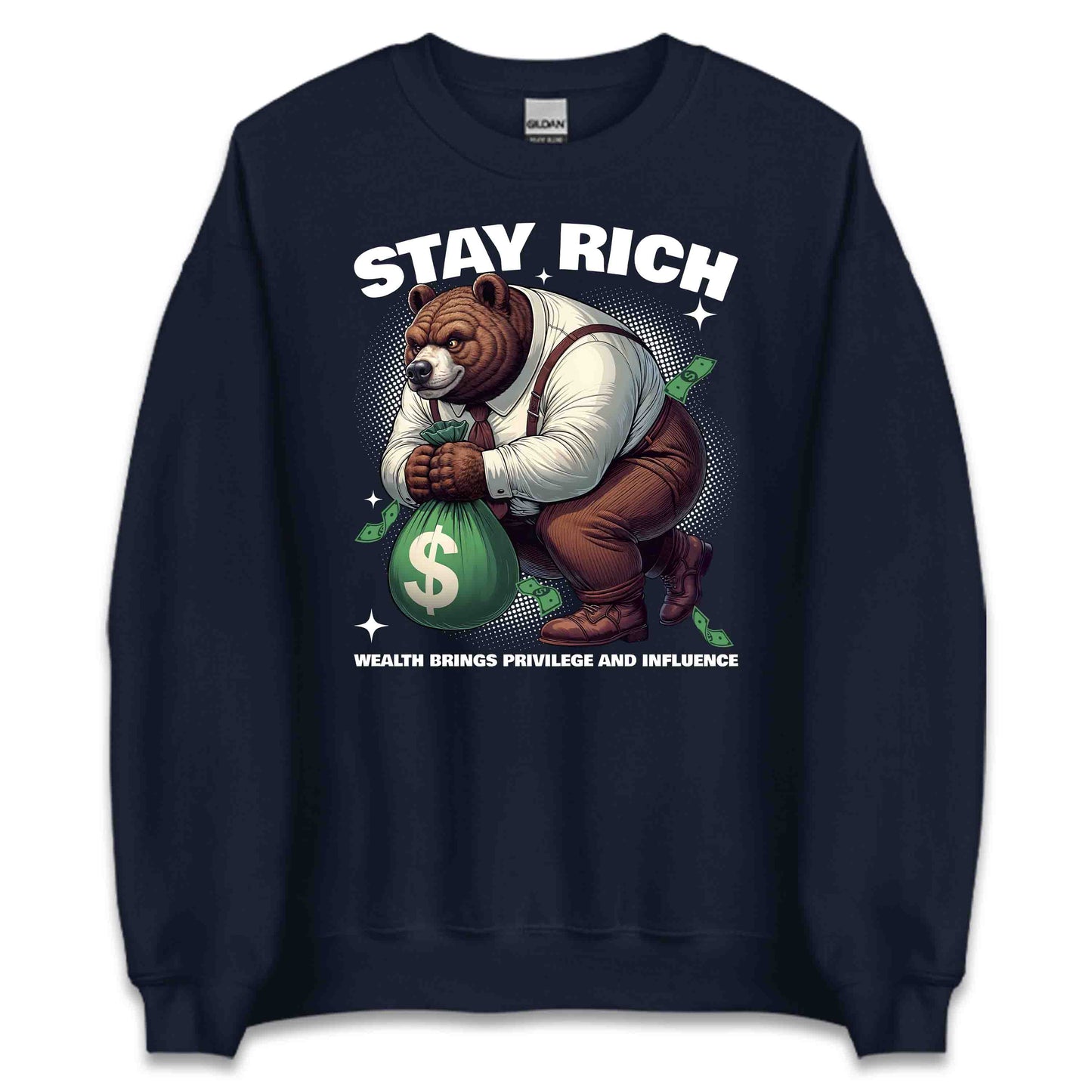 Retro Bear Holding Money Bag Motivational Stay Rich | PRODUCT CODE: RTOBRAEMNYGB