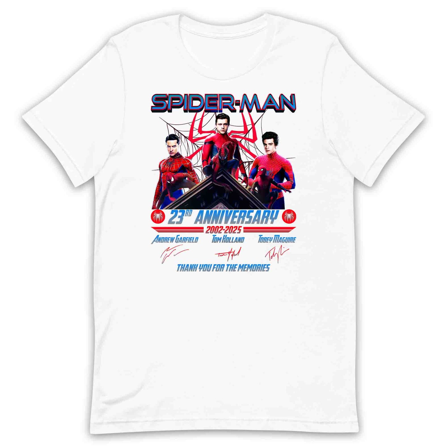 Spider-Man 23rd Anniversary T-Shirt, 2002–2025 Movie Tribute Jumper & Trio Hoodie – Tobey, Andrew & Tom Marvel Legends Apparel | PRODUCT CODE: SAPOERW