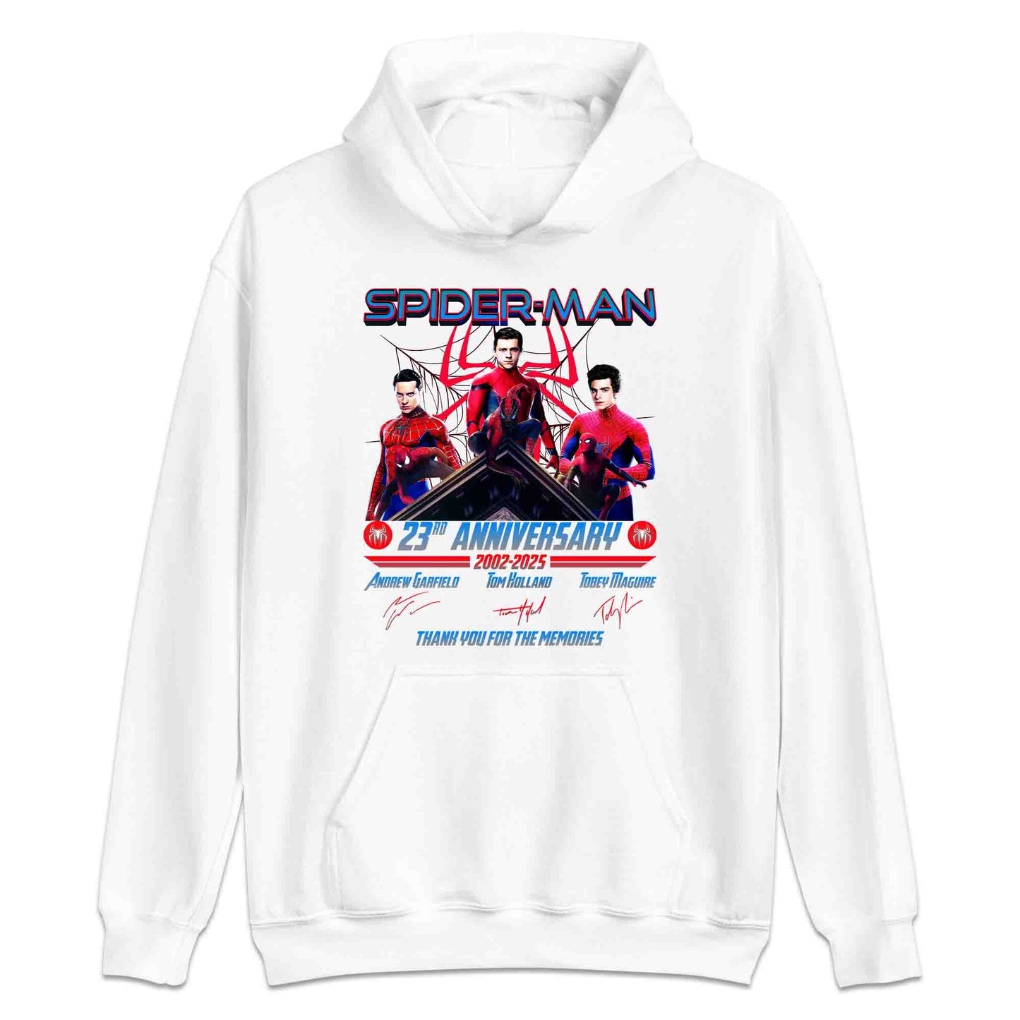 Spider-Man 23rd Anniversary T-Shirt, 2002–2025 Movie Tribute Jumper & Trio Hoodie – Tobey, Andrew & Tom Marvel Legends Apparel | PRODUCT CODE: SAPOERW