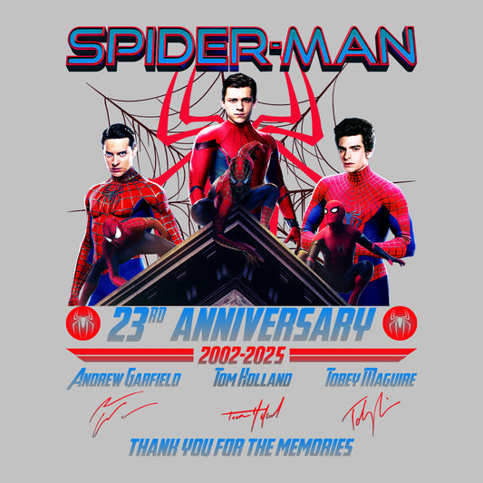 Spider-Man 23rd Anniversary T-Shirt, 2002–2025 Movie Tribute Jumper & Trio Hoodie – Tobey, Andrew & Tom Marvel Legends Apparel | PRODUCT CODE: SAPOERW