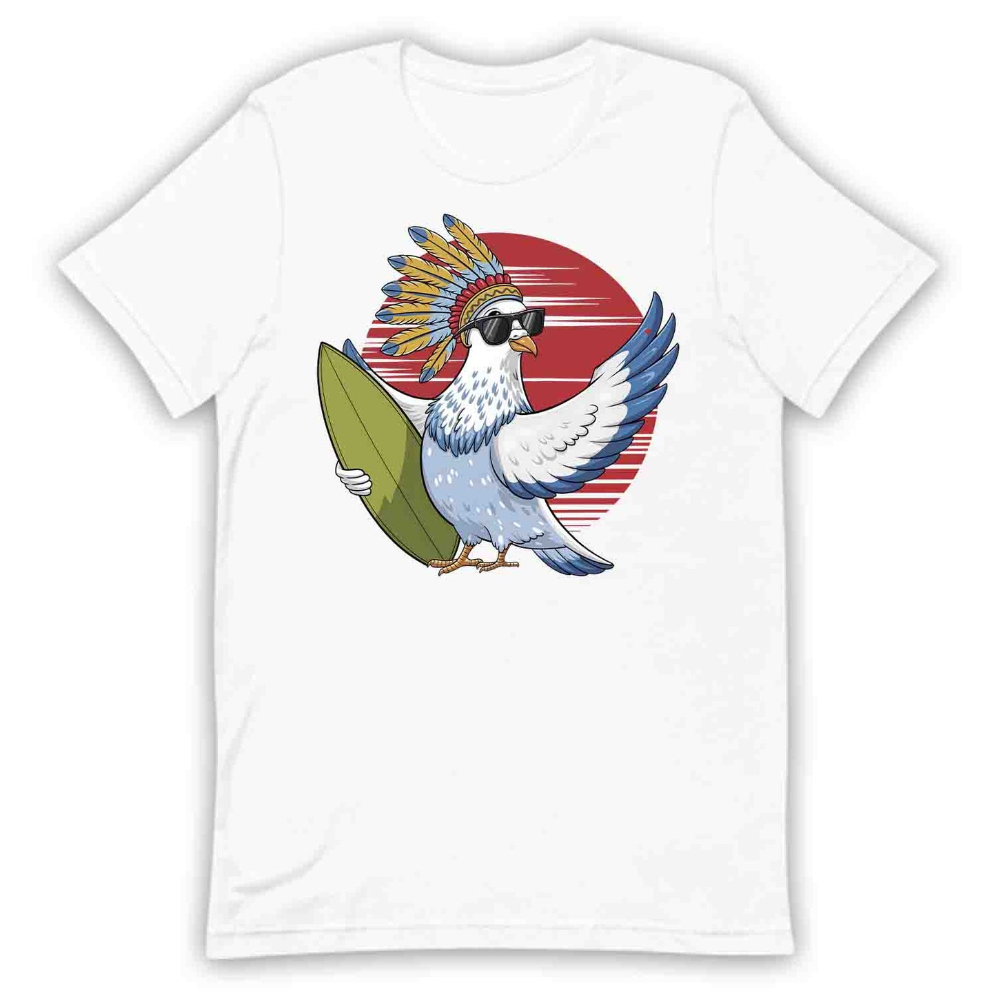 Surfing Pigeon T-Shirt, Sweatshirt, Hoodie – Retro Tribal Beach Bird Ocean Lover Top | PRODUCT CODE: SHFRGNISPW