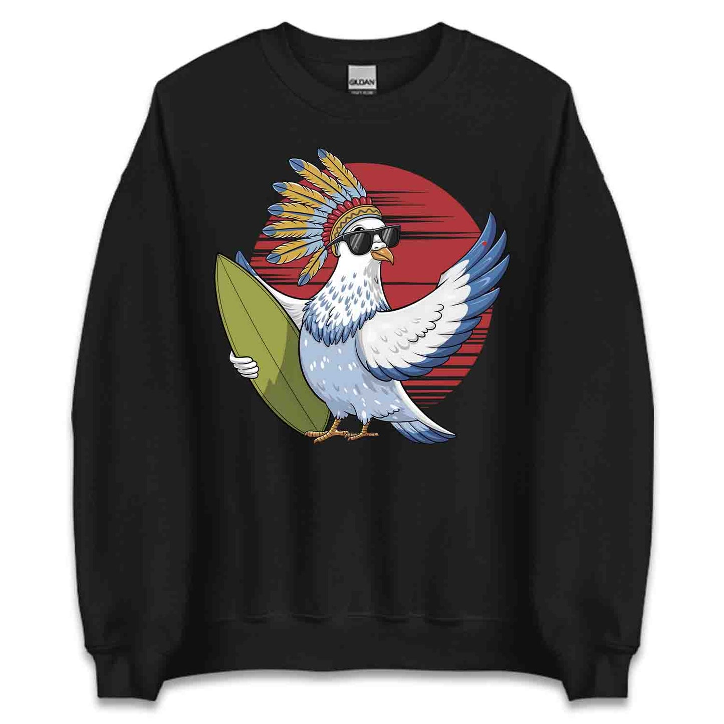 Surfing Pigeon T-Shirt, Sweatshirt, Hoodie – Retro Tribal Beach Bird Ocean Lover Top | PRODUCT CODE: SHFRGNISPW