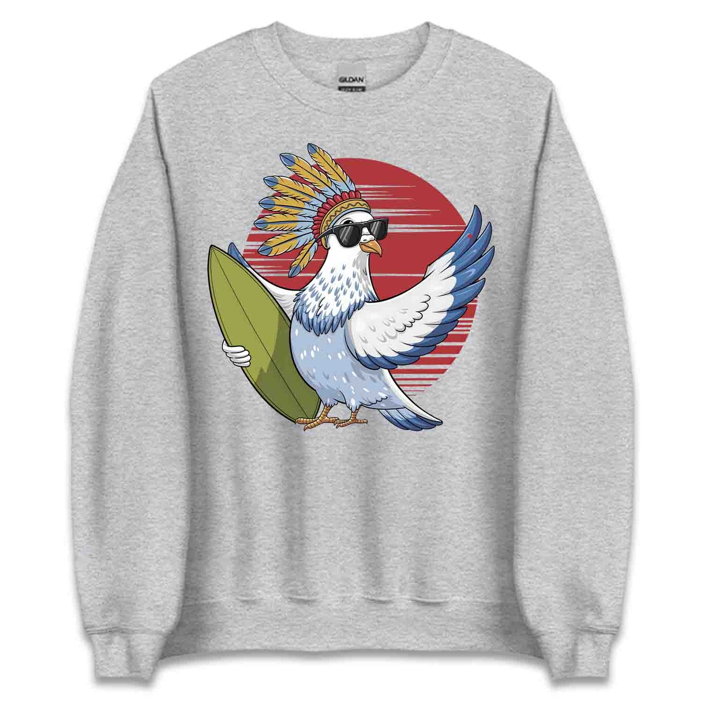 Surfing Pigeon T-Shirt, Sweatshirt, Hoodie – Retro Tribal Beach Bird Ocean Lover Top | PRODUCT CODE: SHFRGNISPW