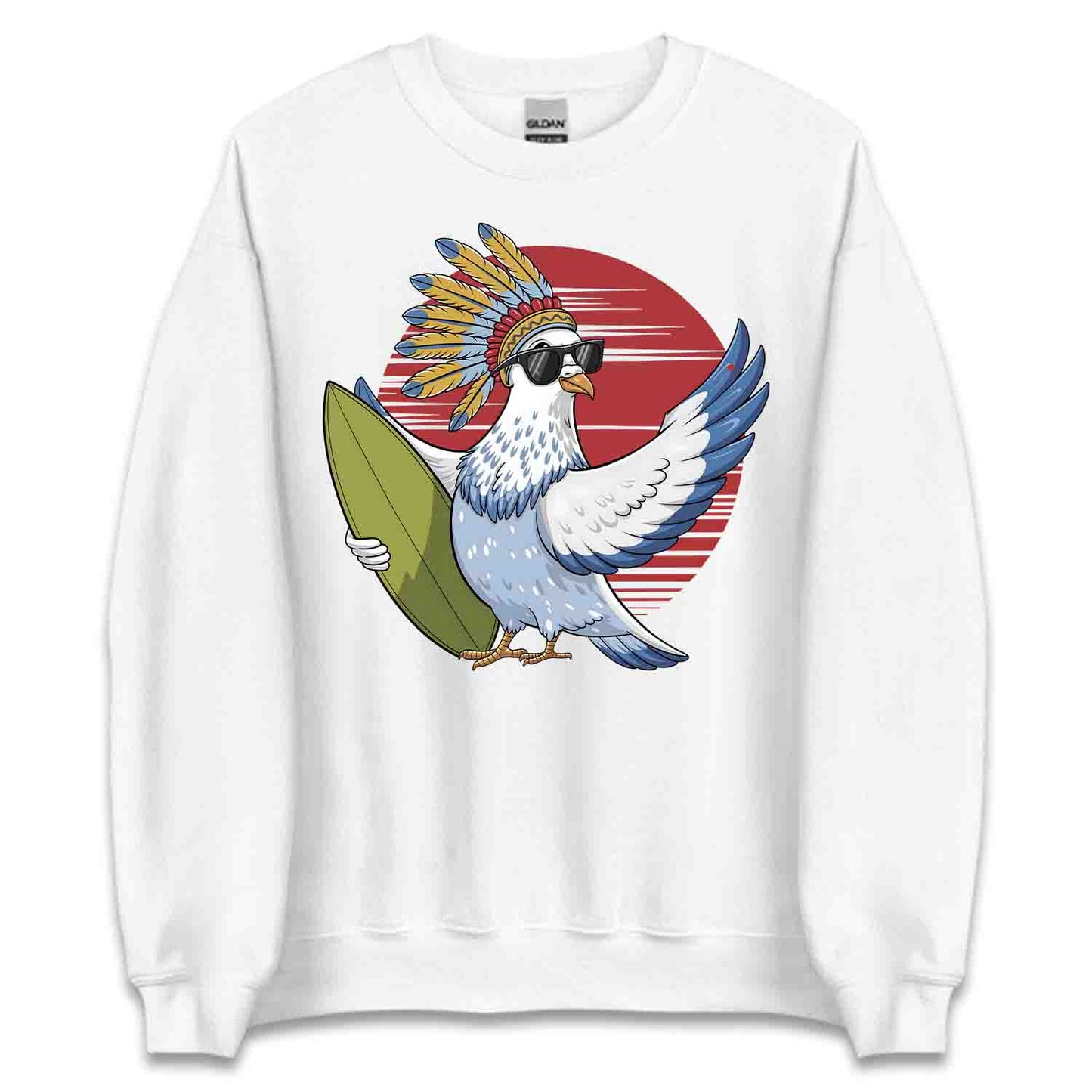 Surfing Pigeon T-Shirt, Sweatshirt, Hoodie – Retro Tribal Beach Bird Ocean Lover Top | PRODUCT CODE: SHFRGNISPW