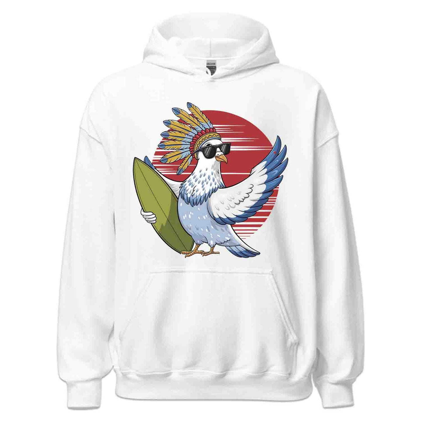 Surfing Pigeon T-Shirt, Sweatshirt, Hoodie – Retro Tribal Beach Bird Ocean Lover Top | PRODUCT CODE: SHFRGNISPW