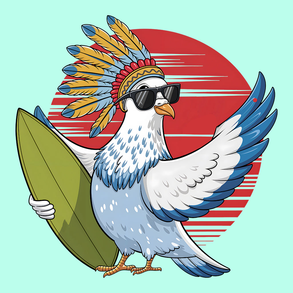 Surfing Pigeon T-Shirt, Sweatshirt, Hoodie – Retro Tribal Beach Bird Ocean Lover Top | PRODUCT CODE: SHFRGNISPW