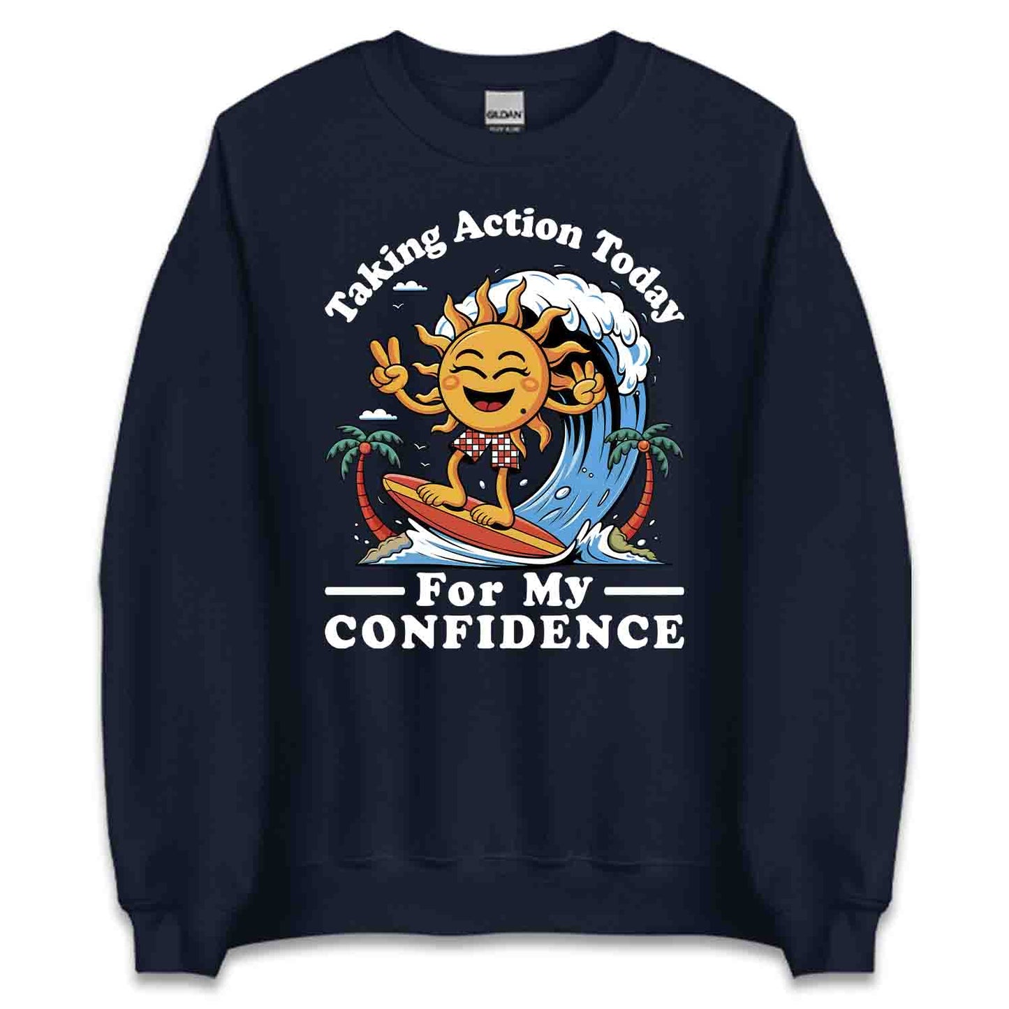 Surfing Sun T-Shirt, Sweatshirt, Hoodie – Motivational Retro Beach Vibes & Self-Growth Tee | PRODUCT CODE: SHRNCUNEPO