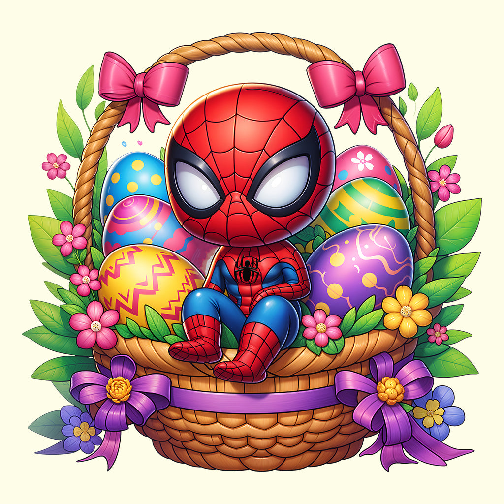 Spider-Man Easter Basket Kids T-Shirt | Chibi Superhero Egg Hunt Jumper | Fun Marvel Holiday Hoodie | PRODUCT CODE: SPEUYHRCETU
