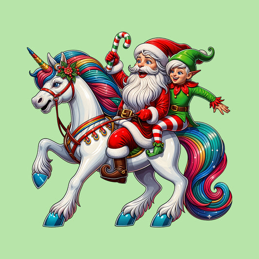 Santa Claus & Elf Riding Unicorn Funny Christmas Magical Xmas | PRODUCT CODE: STANUSDEFLUR