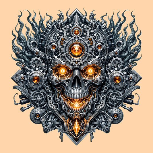 Steampunk Skull Cyberpunk Mechanical Futuristic Sci-Fi Glowing Amber Eyes | PRODUCT CODE: STMUKPNCBYR