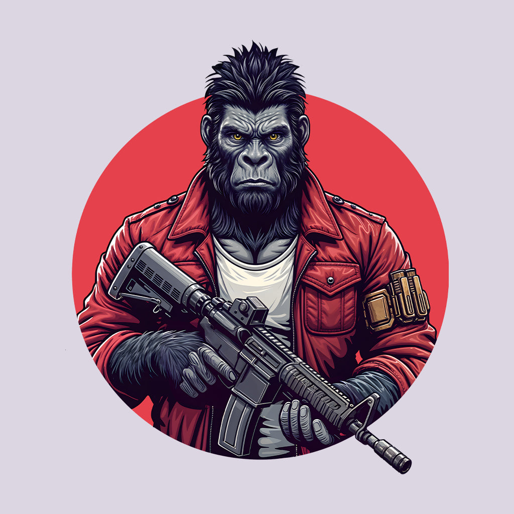 Military Style Gorilla Fierce Ape in Red Jacket Holding Rifle | PRODUCT CODE: URBGOLAMTWNP