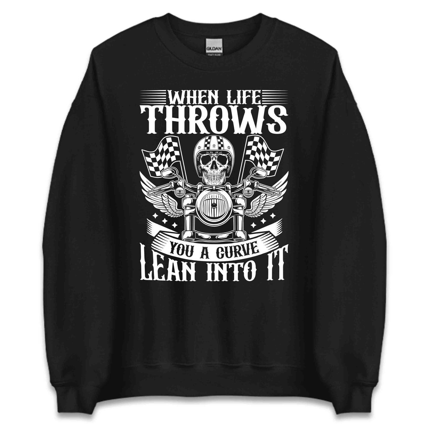 When Life Throws You a Curve Lean Into It Unique Biker Skull with Flags | PRODUCT CODE: WNLFUEBAOWG