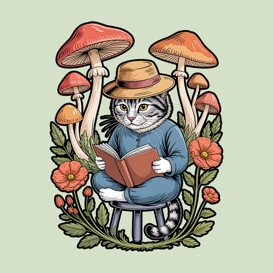 Cat Reading Under Mushrooms T-Shirt, Cottagecore Book Sweatshirt, Literary Fantasy Hoodie | PRODUCT CODE: WQEKJHSD