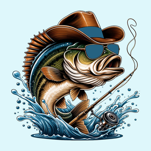 Western Bass Fishing Outdoor Fishermen Cowboy Bass with Sunglasses | PRODUCT CODE: WSTRNBSFHCSM