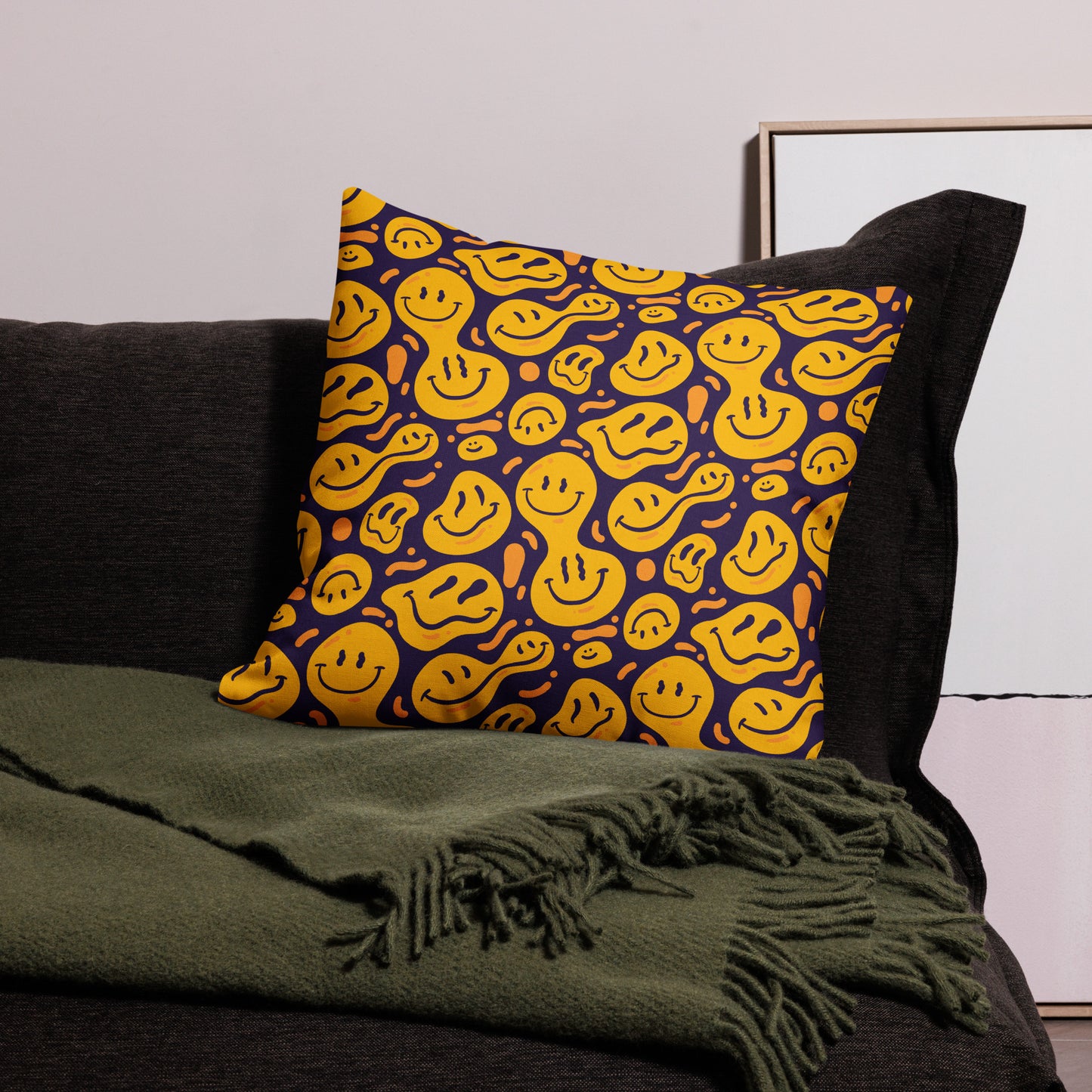 Distorted Smile Emoticon Pattern All-Over Print Premium Pillow