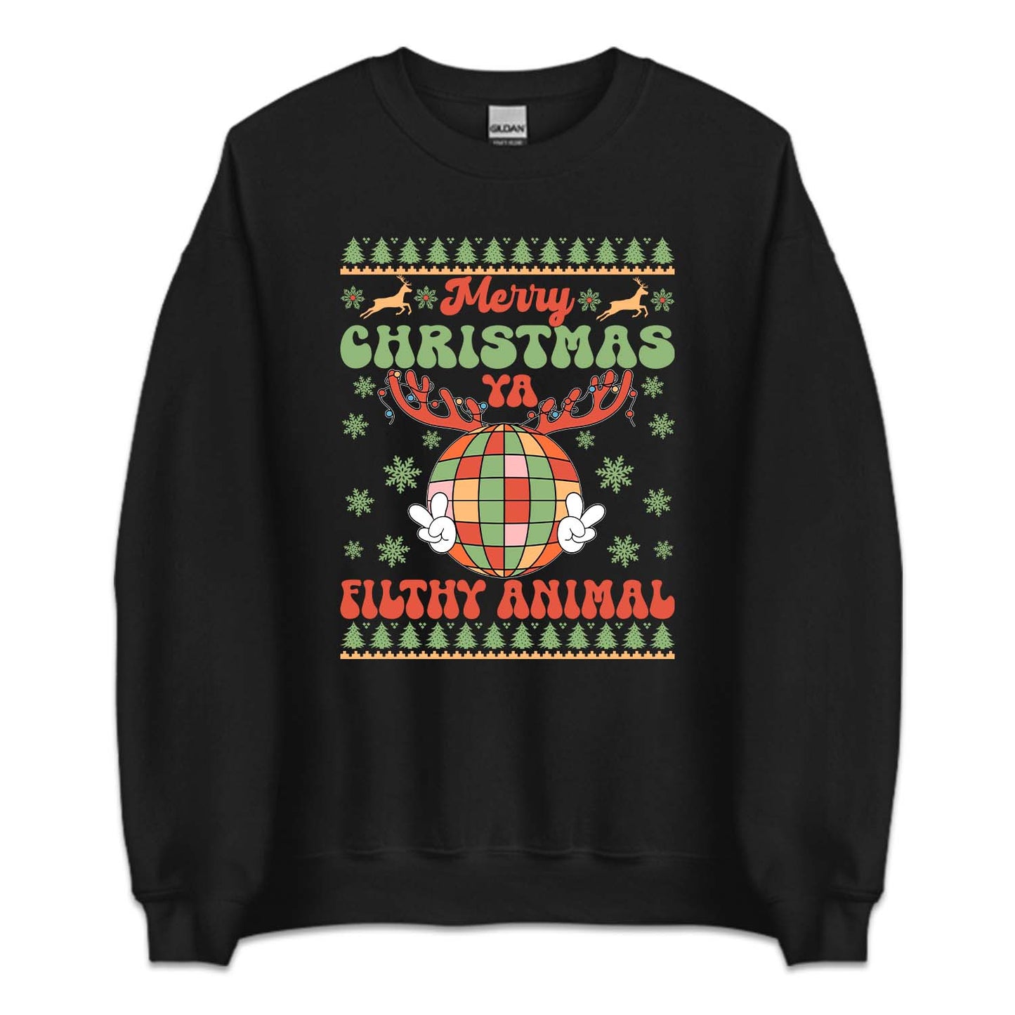 Merry Christmas Ya Filthy Animal Vintage Disco Ball Reindeer Antlers Xmas | PRODUCT CODE: MRYCHTYFLTAN