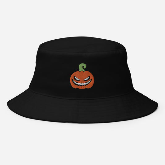 Halloween Pumpkin Bucket Hat, Embroidered Evil Face Pumpkin Bucket Hat, Handmade Horror Scary Unisex Cotton Sun Hat