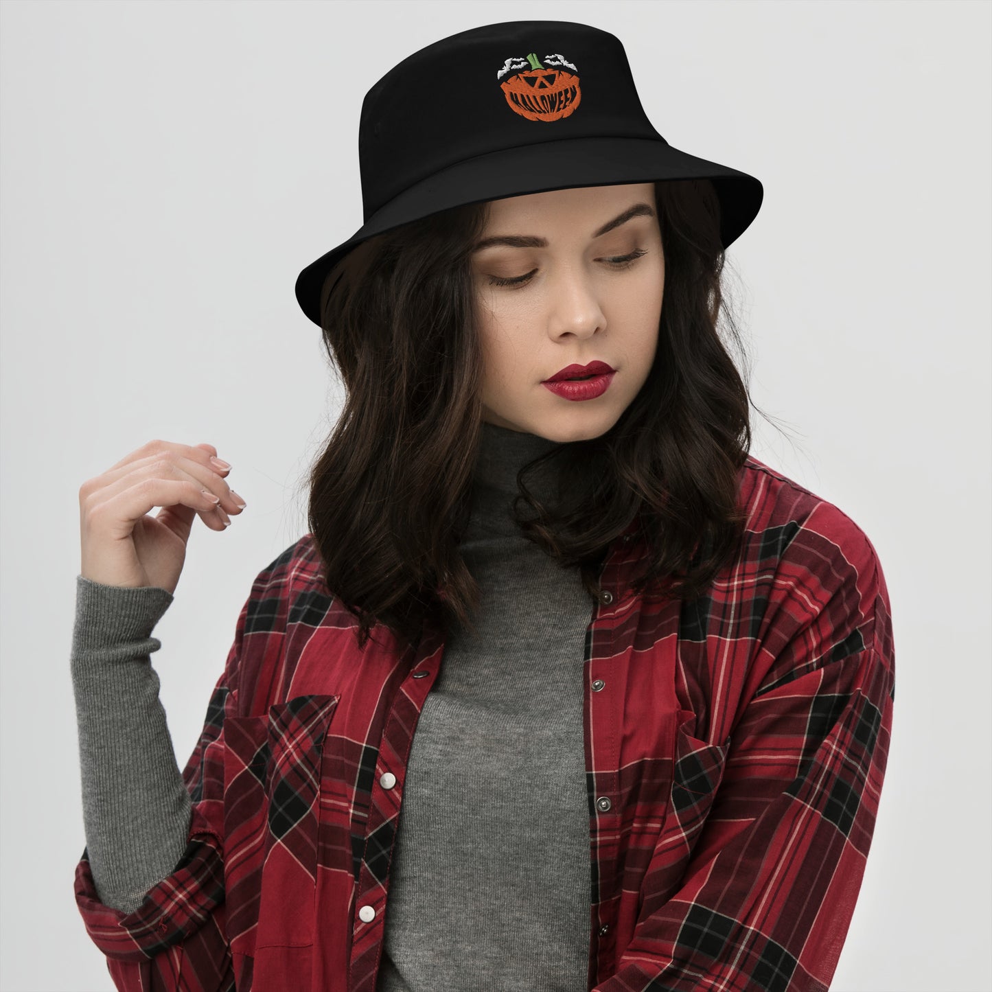 Halloween Smile Pumpkin Bucket Hat, Embroidered Flying Bats Bucket Hat, Handmade Evil Smile Unisex Cotton Sun Hat