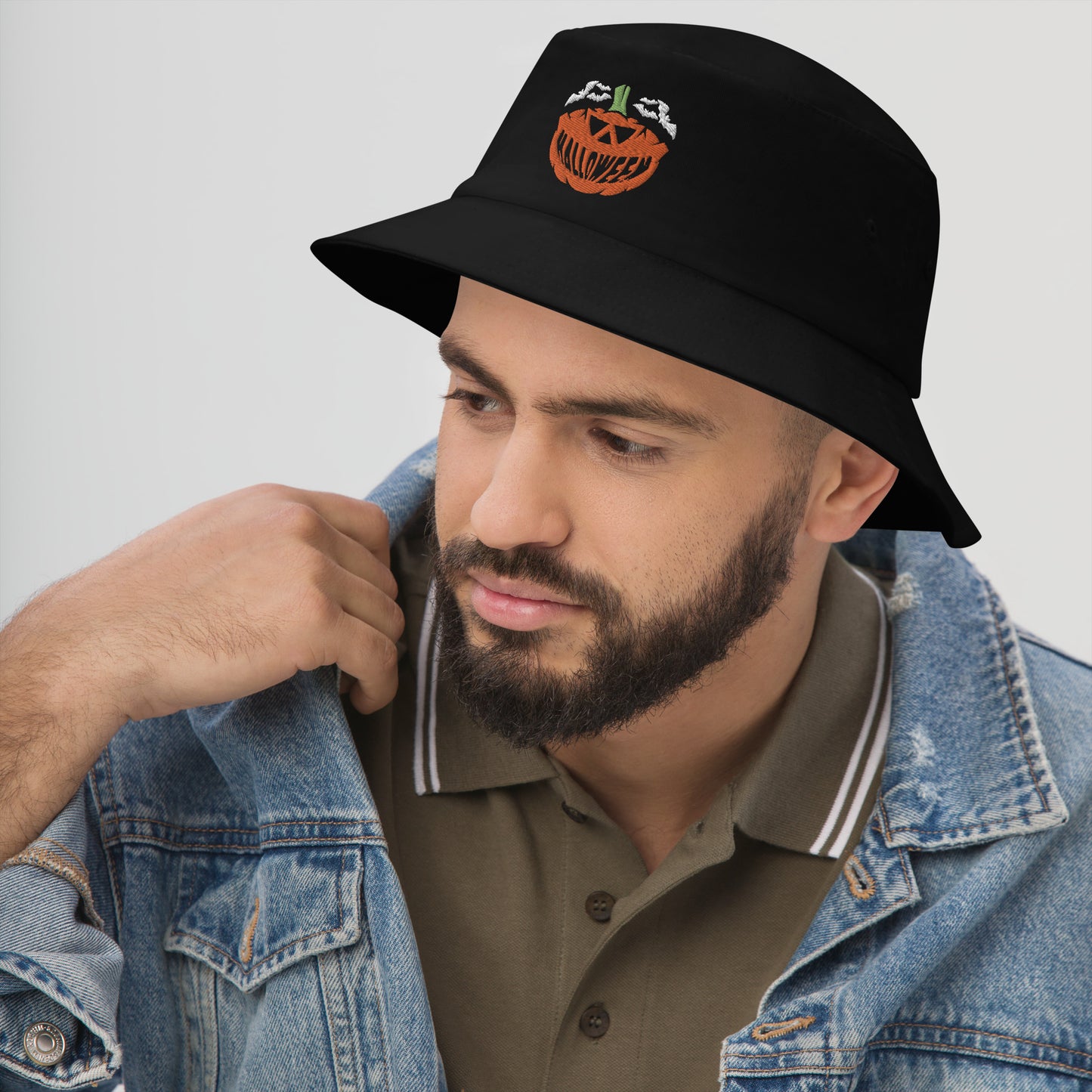 Halloween Smile Pumpkin Bucket Hat, Embroidered Flying Bats Bucket Hat, Handmade Evil Smile Unisex Cotton Sun Hat