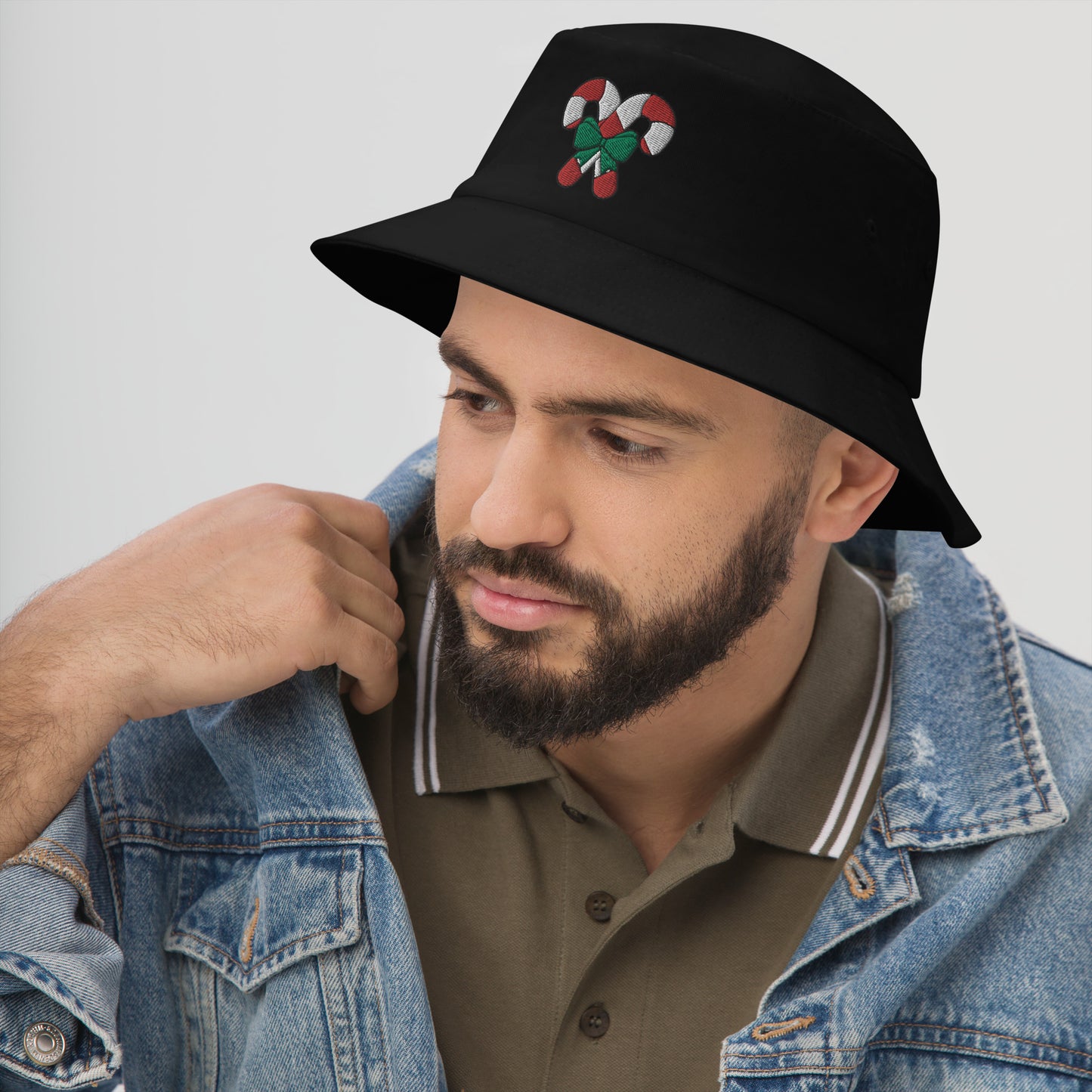 Candy Cane Bucket Hat, Embroidered Christmas Bucket Hat, Handmade Xmas Festive Unisex Cotton Sun Hat