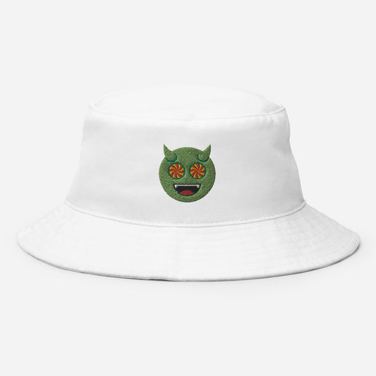 Halloween Green Evil Bucket Hat, Embroidered Evil Mouth Bucket Hat, Handmade Scary Emoji Unisex Cotton Sun Hat