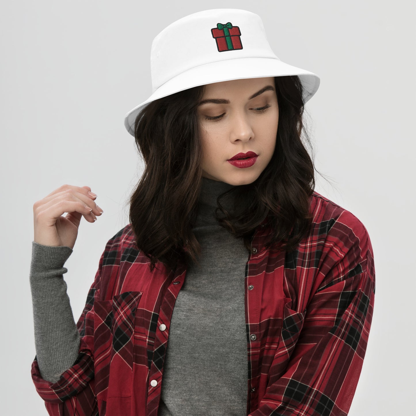 Christmas Gift Box Bucket Hat, Embroidered Christmas Bucket Hat, Handmade Xmas Festive Celebration Unisex Cotton Sun Hat