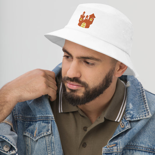 Halloween Haunted Hosue Bucket Hat, Embroidered Spooky House Bucket Hat, Handmade Halloween Season Unisex Cotton Sun Hat