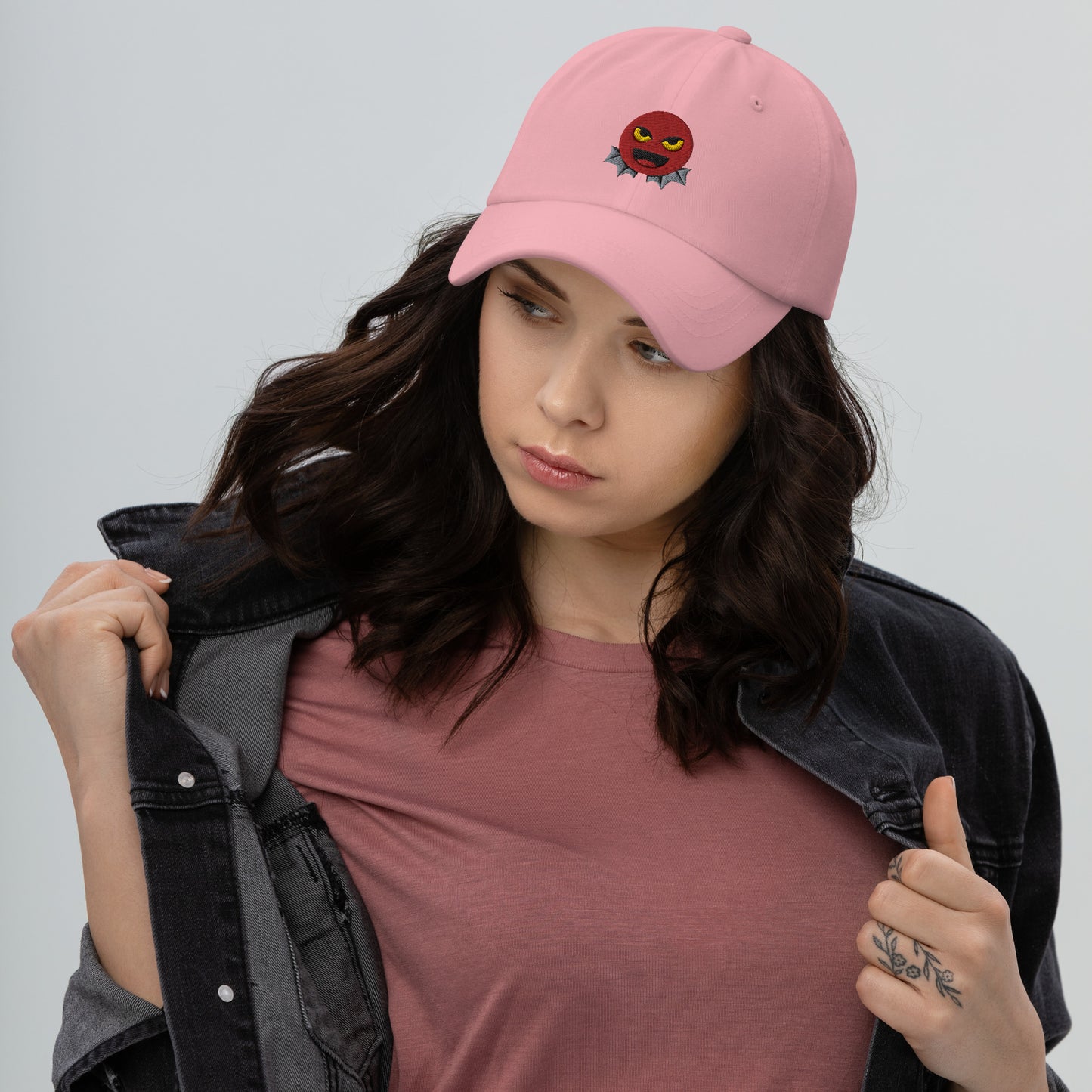Halloween Devil Dad Hat, Embroidered Evil Emoticon Unisex Hat, Handmade Dad Cap, Scary Emoji Adjustable Baseball Gift Cap