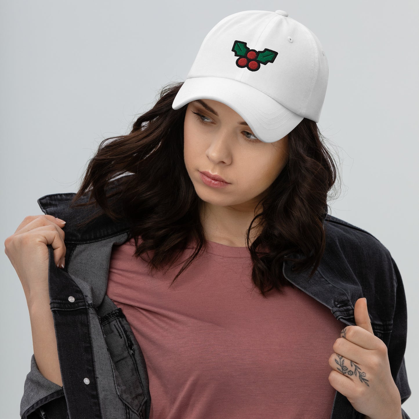 Christmas Mistletoe Dad Hat, Embroidered Decoration LeafUnisex Hat, Handmade Dad Cap, Xmas Festive Adjustable Baseball Gift Cap