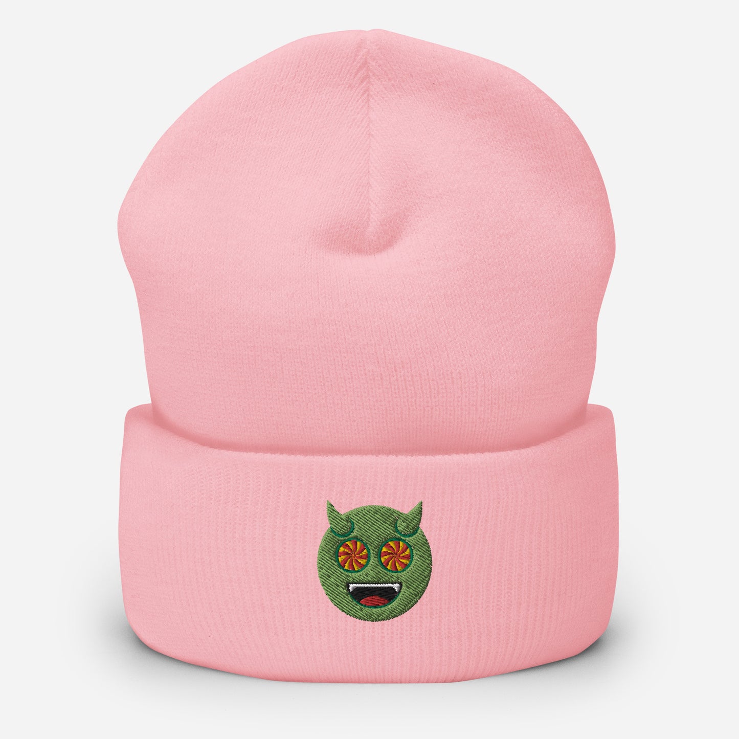 Halloween Green Evil Beanie Cap, Embroidered Evil Mouth Cuffed Beanie, Handmade Unisex Slouchy Scary Emoji Gift Hat Cap
