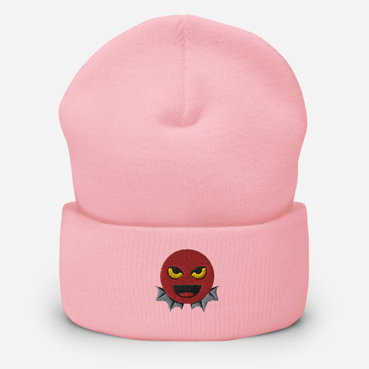 Halloween Devil Beanie Cap, Embroidered Evil Emoticon Cuffed Beanie, Handmade Unisex Slouchy Scary Emoji Gift Hat Cap
