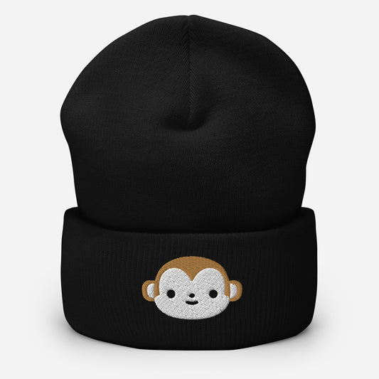 Brown Monkey Beanie Cap, Embroidered Wild Animal Cuffed Beanie, Handmade Unisex Slouchy Cartoon Monkey Gift Hat Cap
