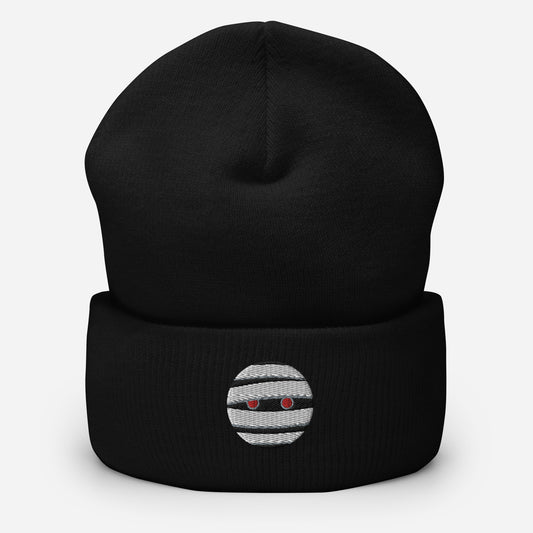 Halloween Mummy Beanie Cap, Embroidered Mummy Face Cuffed Beanie, Handmade Unisex Slouchy Scary Emoji Gift Hat Cap
