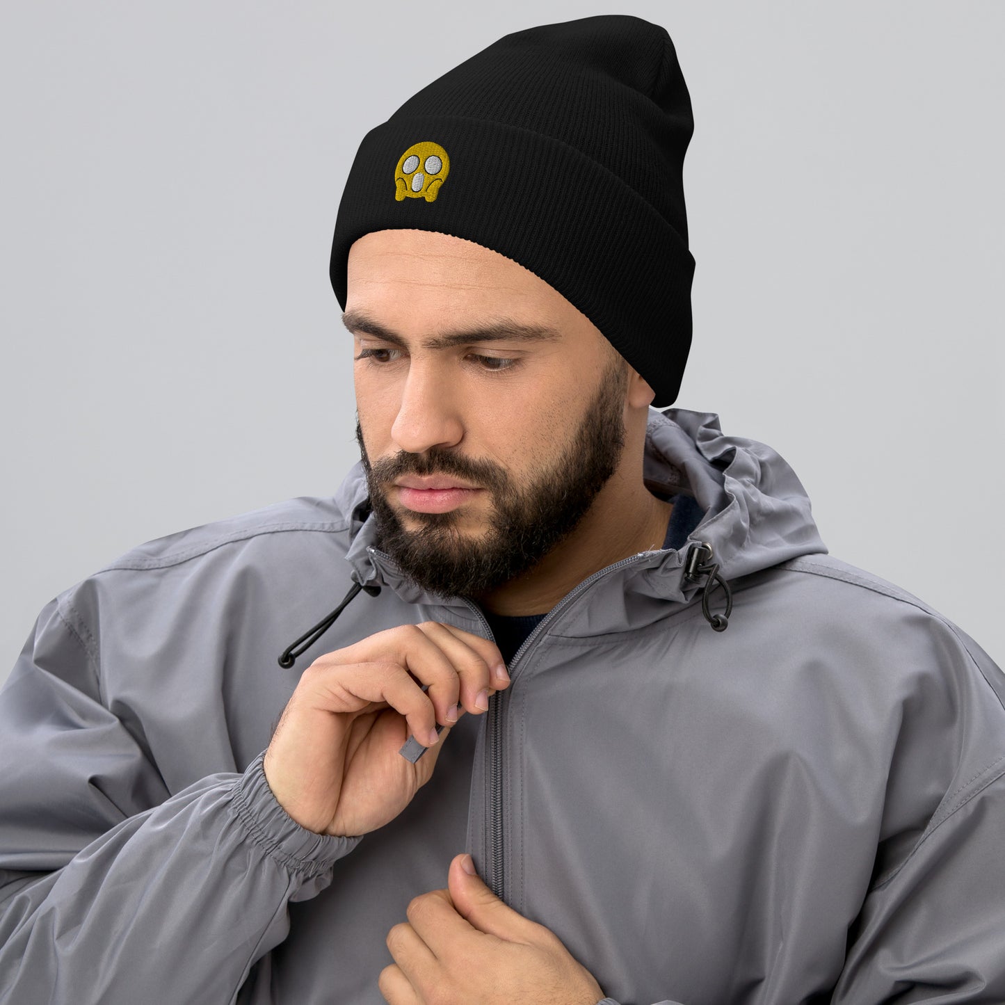 Halloween Shock Emoji Beanie Cap, Embroidered Funny Emoticon Cuffed Beanie, Handmade Unisex Slouchy Spooky Face Gift Hat Cap