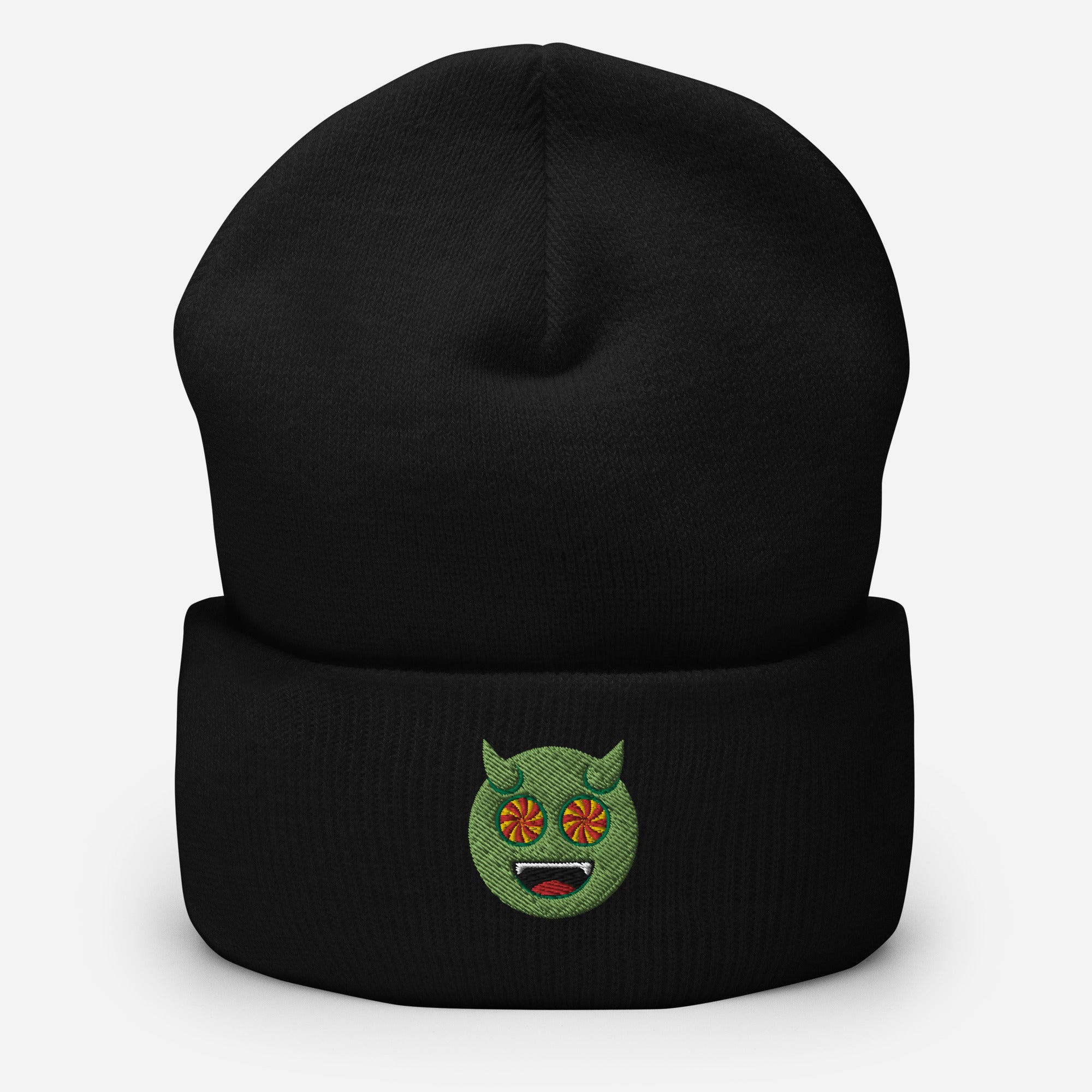 Halloween Green Evil Beanie Cap, Embroidered Evil Mouth Cuffed Beanie, Handmade Unisex Slouchy Scary Emoji Gift Hat Cap