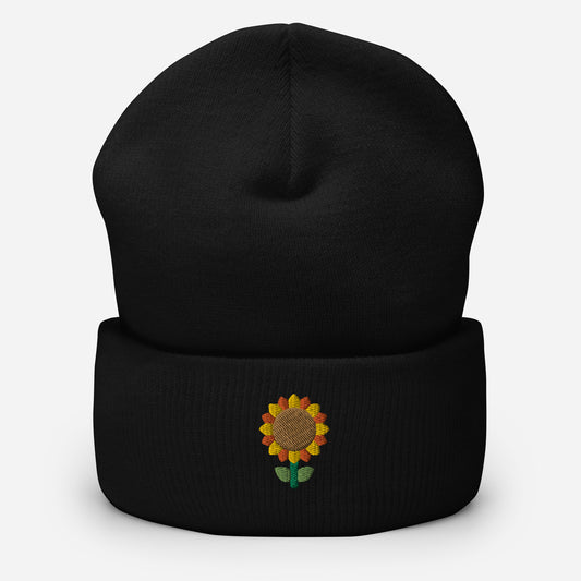 Sunflower Plant Beanie Cap, Embroidered Cuffed Beanie, Handmade Unisex Slouchy Gift Hat Cap - Multiple Colors