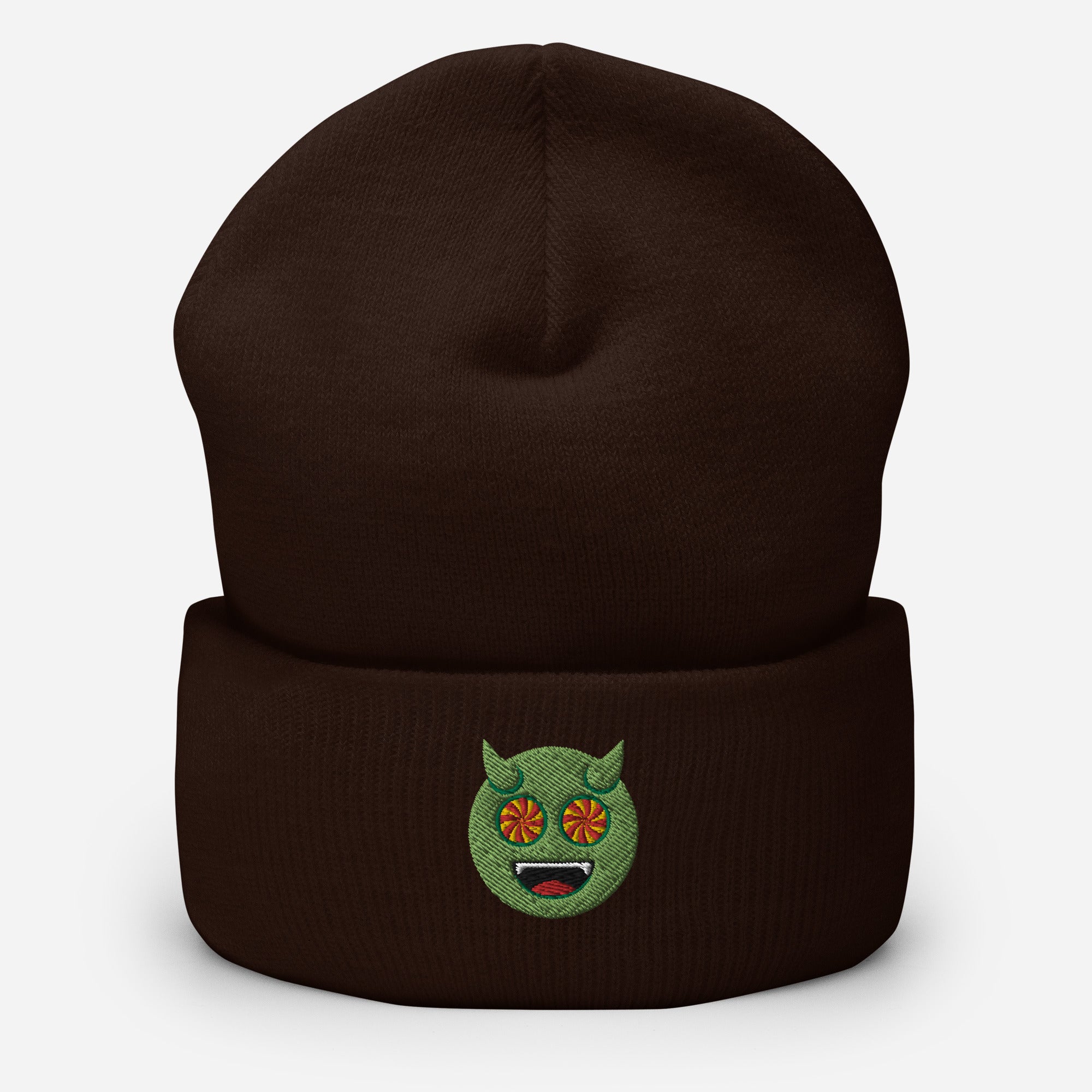 Halloween Green Evil Beanie Cap, Embroidered Evil Mouth Cuffed Beanie, Handmade Unisex Slouchy Scary Emoji Gift Hat Cap