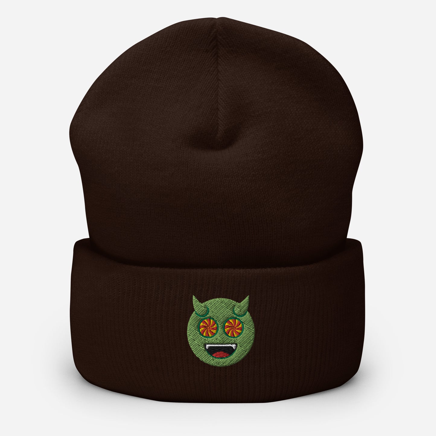 Halloween Green Evil Beanie Cap, Embroidered Evil Mouth Cuffed Beanie, Handmade Unisex Slouchy Scary Emoji Gift Hat Cap