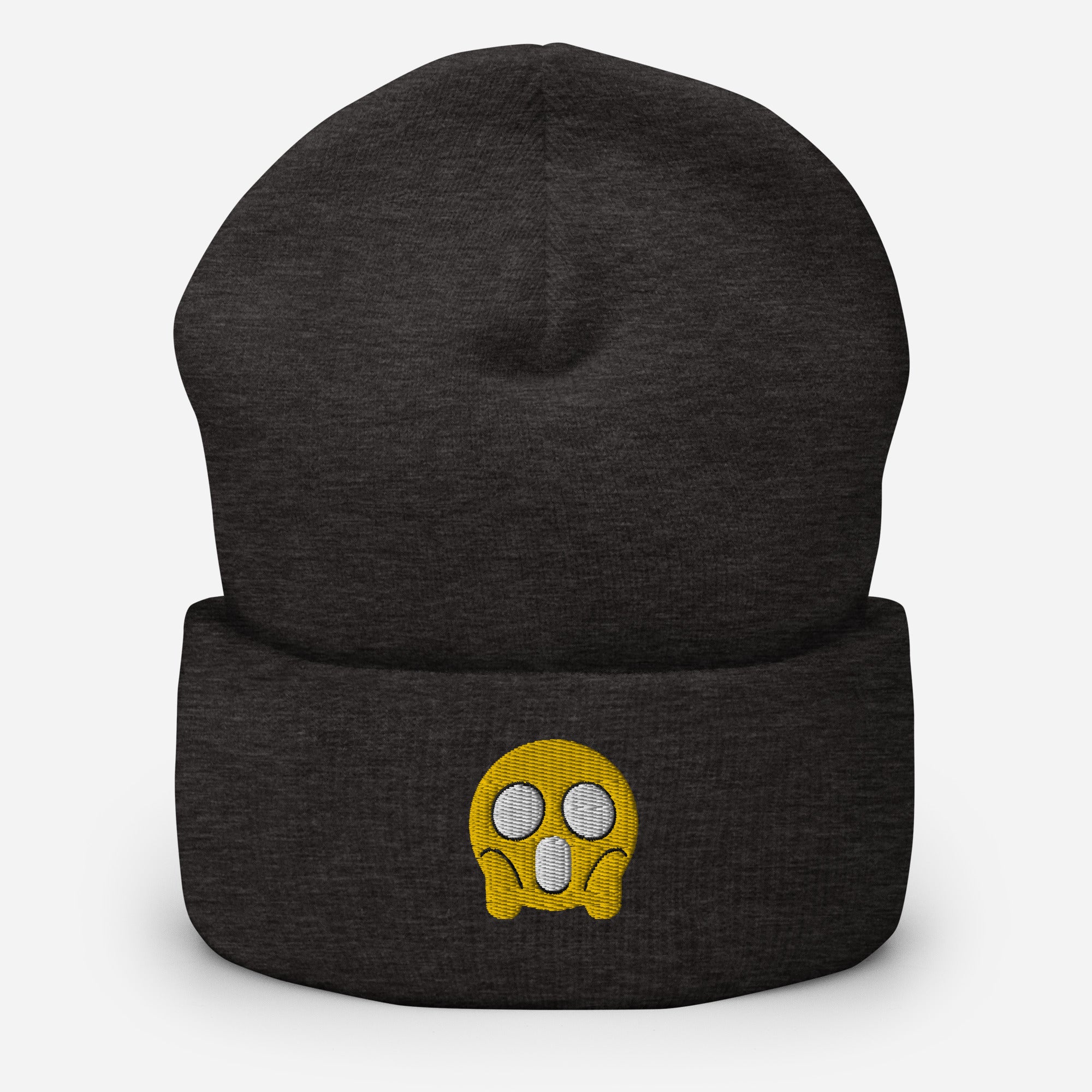 Halloween Shock Emoji Beanie Cap, Embroidered Funny Emoticon Cuffed Beanie, Handmade Unisex Slouchy Spooky Face Gift Hat Cap