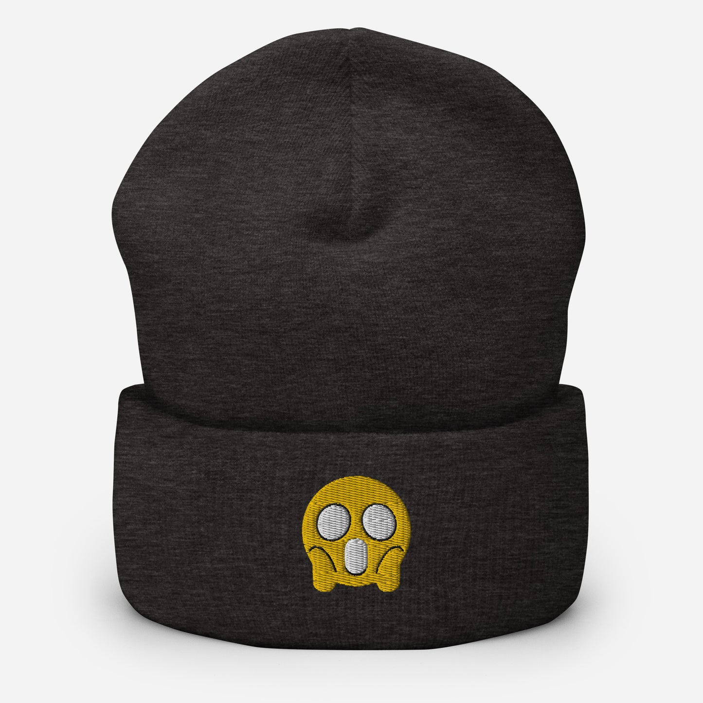Halloween Shock Emoji Beanie Cap, Embroidered Funny Emoticon Cuffed Beanie, Handmade Unisex Slouchy Spooky Face Gift Hat Cap
