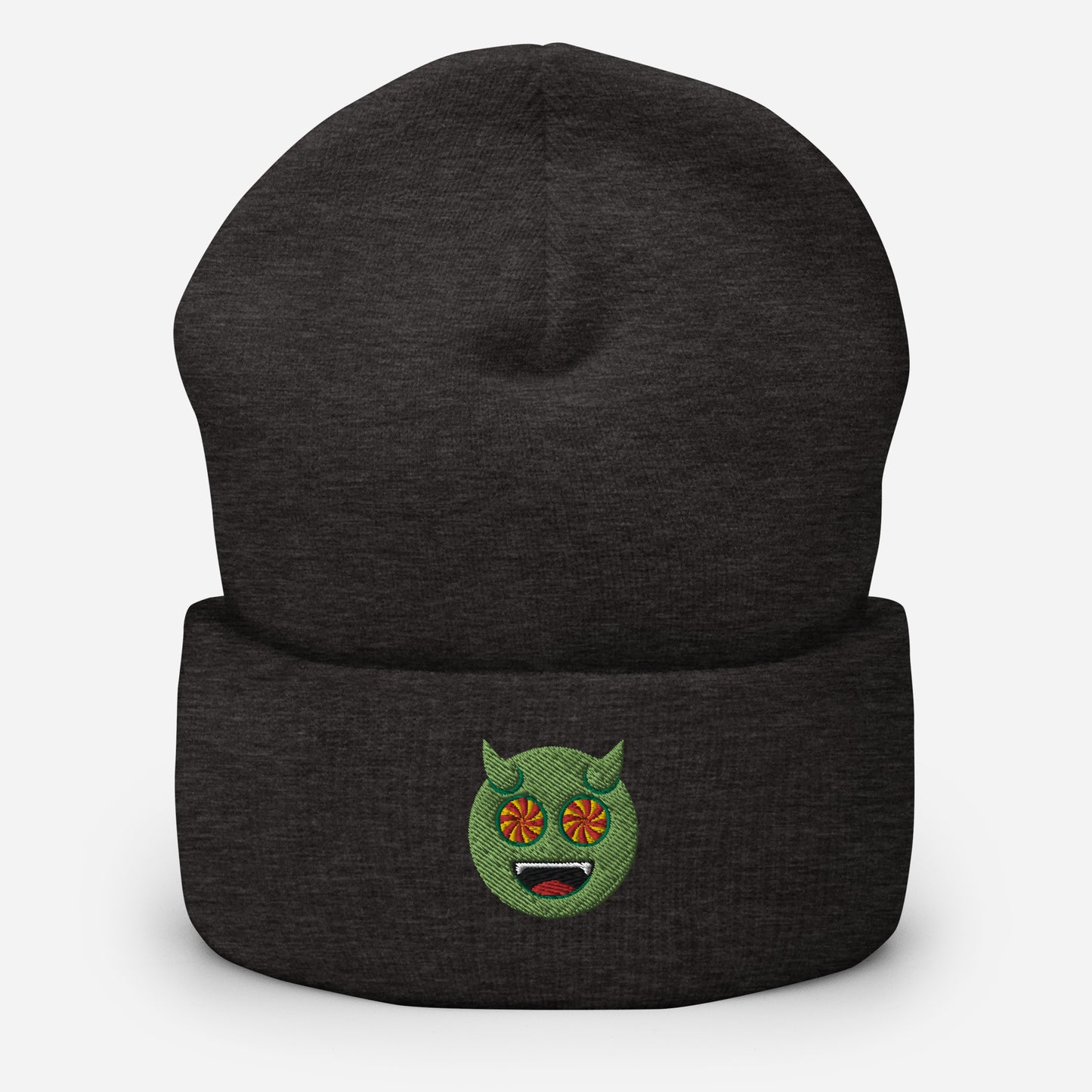 Halloween Green Evil Beanie Cap, Embroidered Evil Mouth Cuffed Beanie, Handmade Unisex Slouchy Scary Emoji Gift Hat Cap