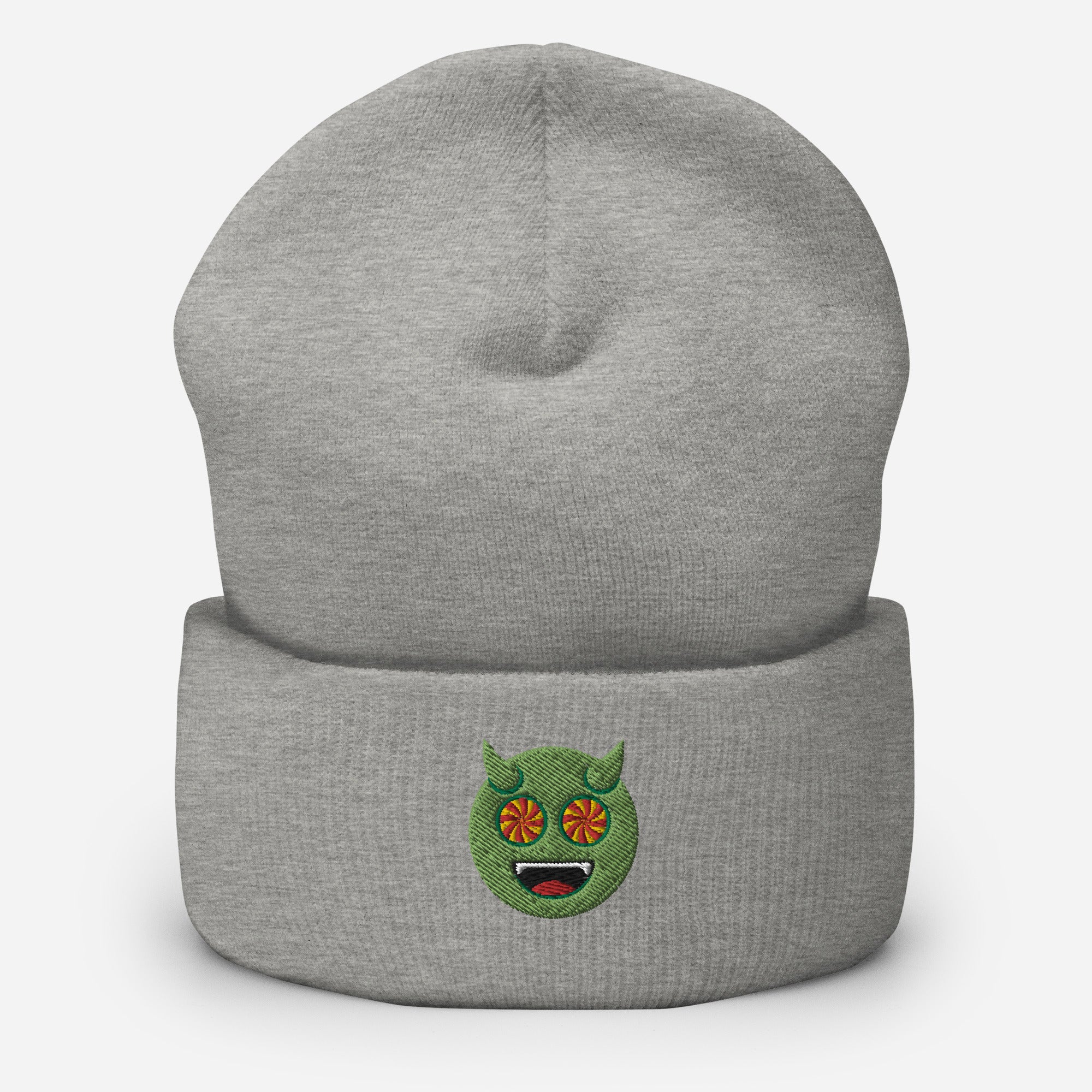 Halloween Green Evil Beanie Cap, Embroidered Evil Mouth Cuffed Beanie, Handmade Unisex Slouchy Scary Emoji Gift Hat Cap