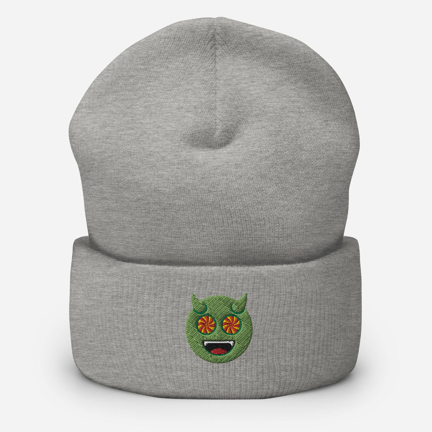 Halloween Green Evil Beanie Cap, Embroidered Evil Mouth Cuffed Beanie, Handmade Unisex Slouchy Scary Emoji Gift Hat Cap